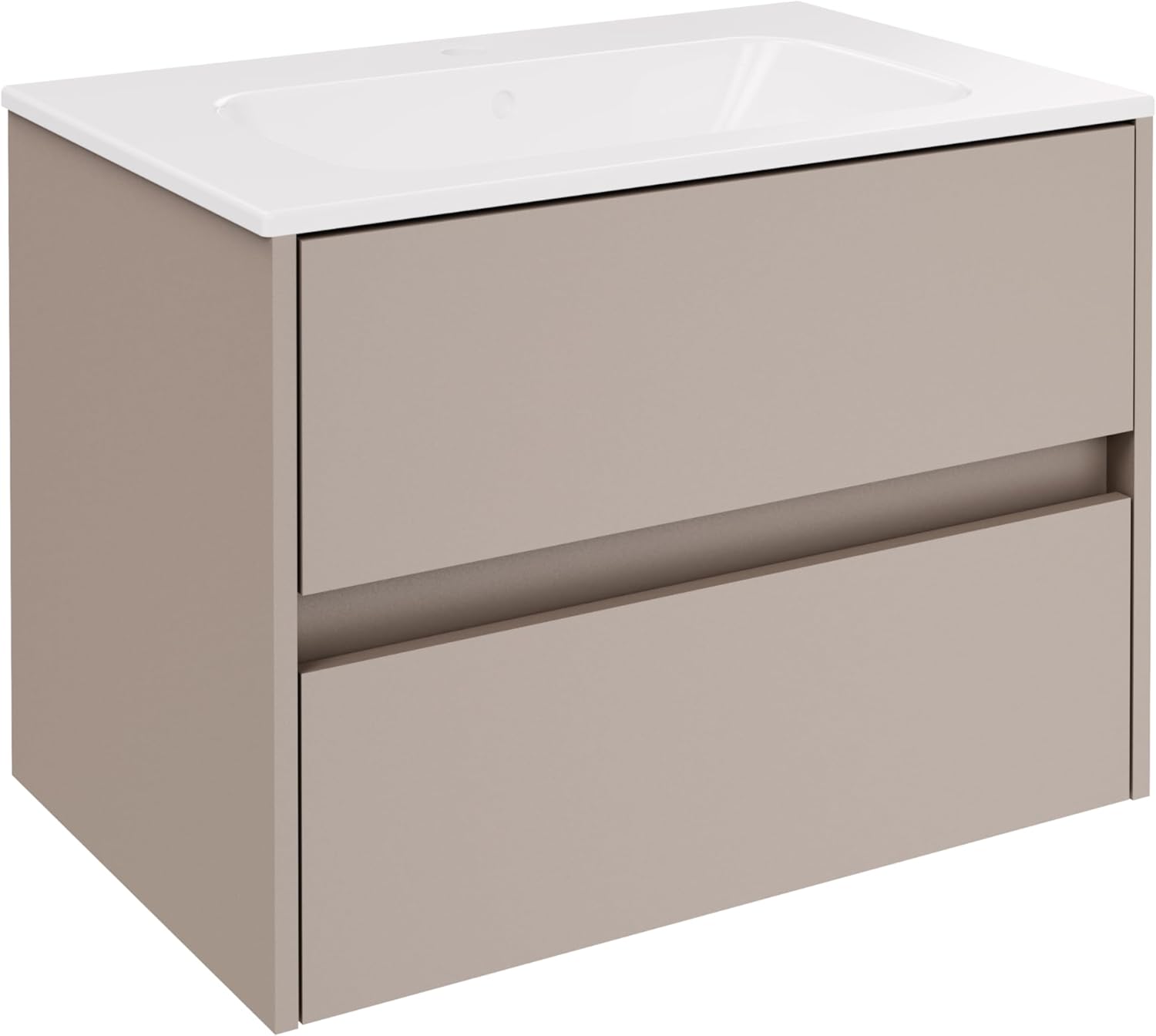 FACKELMANN Compact Line Waschbeckenunterschrank mit Keramikwaschbecken – 2-teiliges Badmöbel-Set in Kaschmir/grau, 71cm breit, 2 Schubladen, wechselbare Griffleiste – Made in Germany