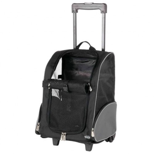 Mochila preta para animais de estimação com carrinho.