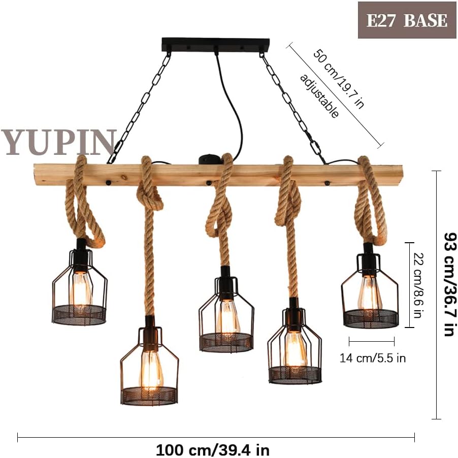 Vintage Pendelleuchte Esstischlampe Holz Kronleuchter Höhenverstellbar Hängelampe Hanfseil DIY Verstellbare Hängeleuchte Industrial Retro Eisen Pendelampe Wohnzimmer Küche Bar Deckenleuchte E27*5 (A)