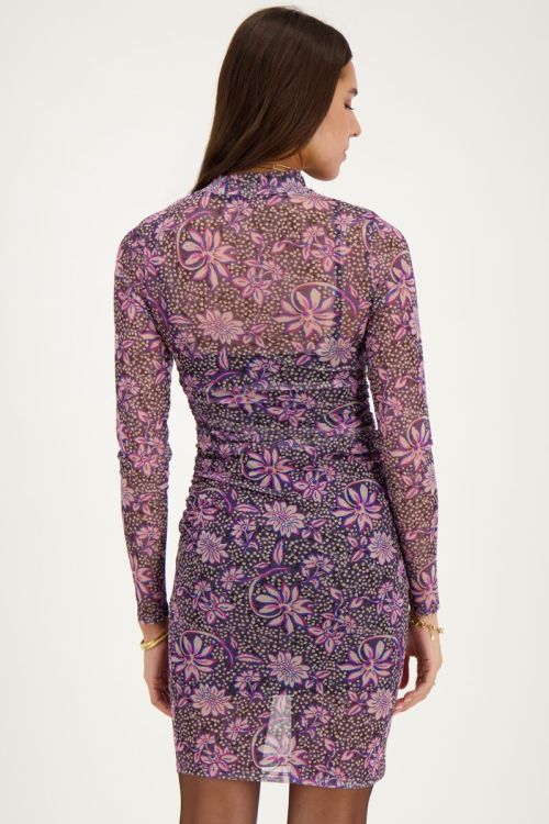 Grijze mesh jurk met paarse bloemenprint