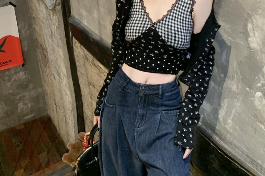 Beem - V-hals bloemenprint ruitjespaneel kant trim crop tanktop / ronde hals knoopsluiting vest
