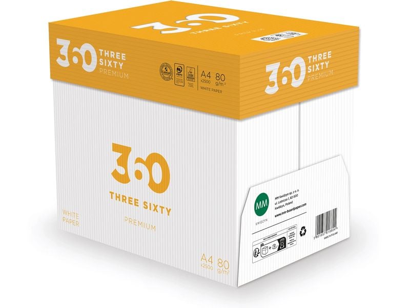 360 Kopierpapier Premium A4, Hochweiss, 80 g/m², 2500 Blatt Premium-Papier für brillante Farbergebnisse