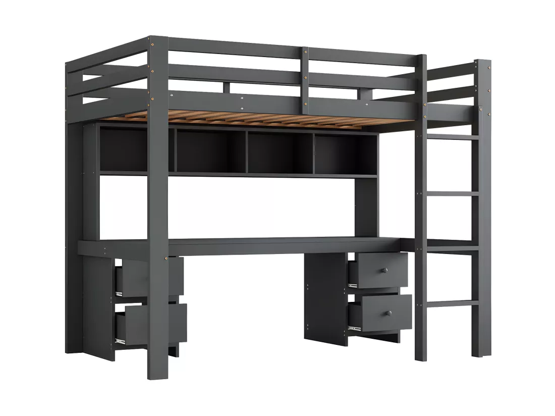Lit mezzanine 90x200cm - avec bureau et 2 commodes - en pin massif et MDF - Gris