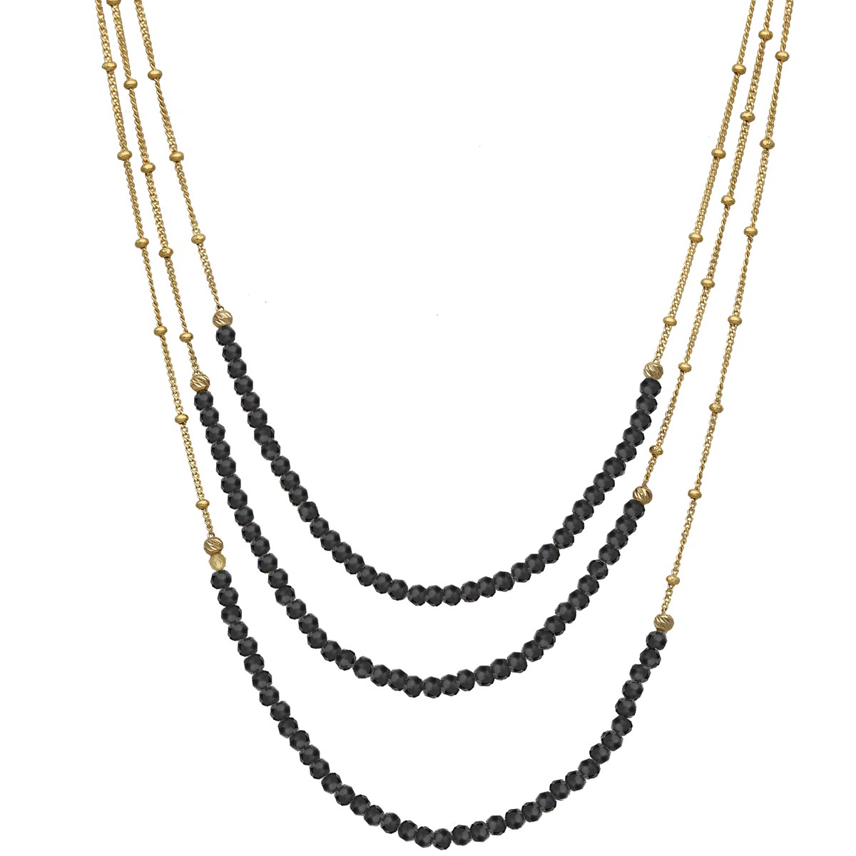 Collier Argent Doré Trois Chaines Et Pierres Naturelles Spinelle Noires