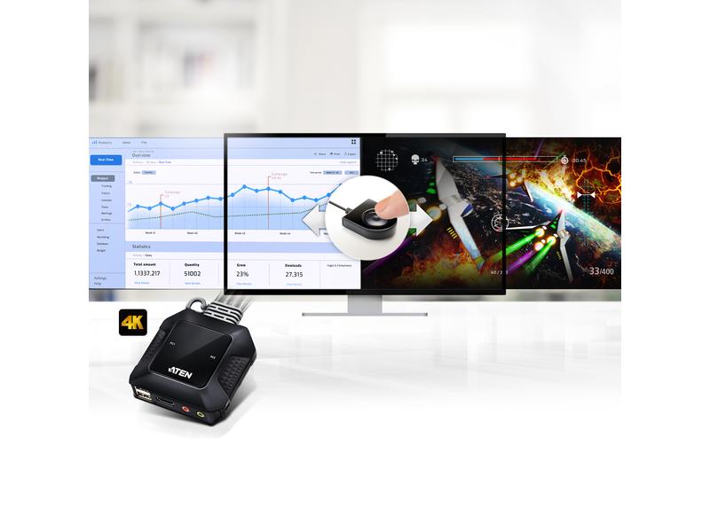 Aten KVM Switch CS22H 4K 60 Hz 2-Port USB 4K HDMI Kabel KVM Switch mit Remote-Port-Wähler