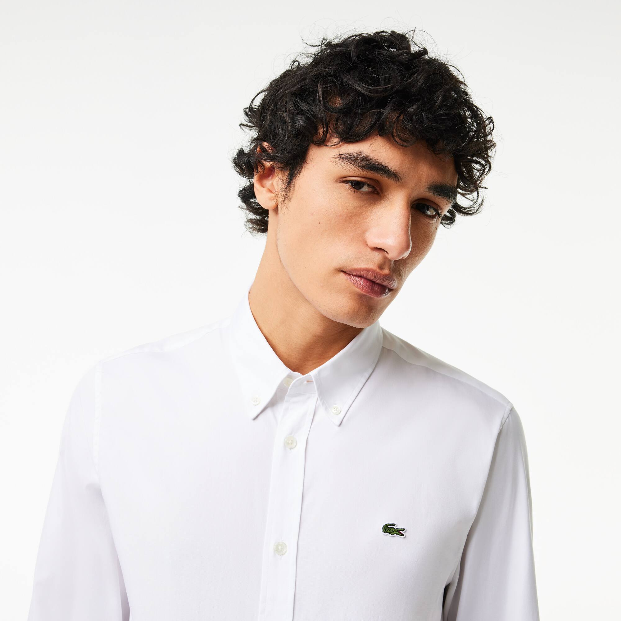 Chemise slim fit unie en coton premium Manches Longues - Blanc - Lacoste - Homme