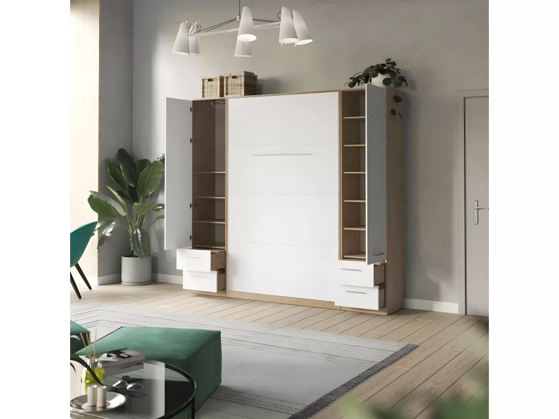 Lit escamotable +2 Placards Vertical 90x200+(50x2)cm Lit Rabattable Lit Mural Standard Chêne Sauvage/blanc