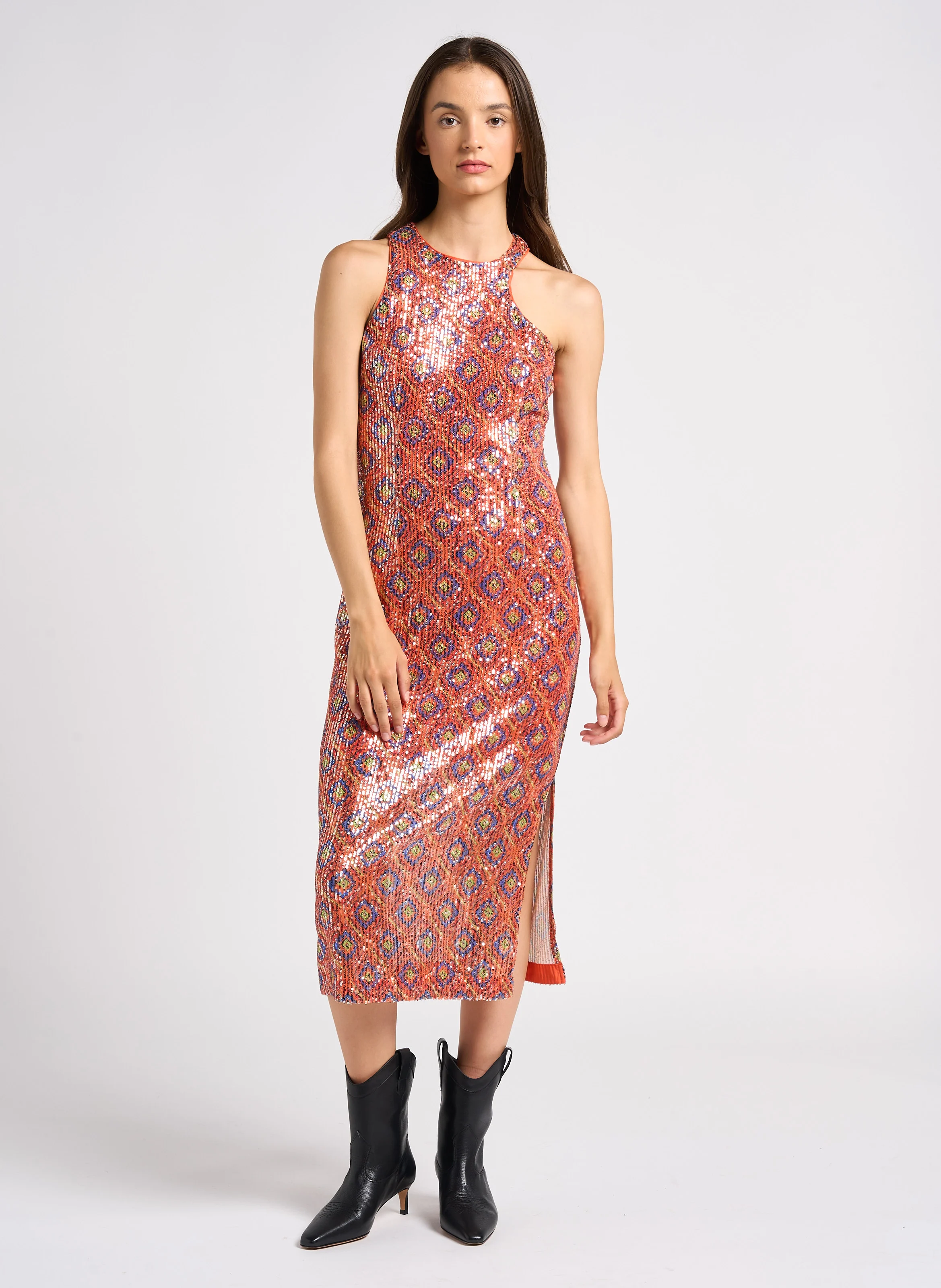 Robe midi droite col montant à sequins | Orange