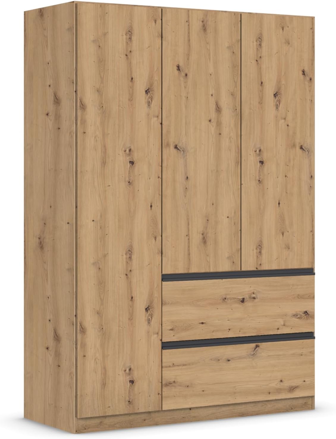 Rauch Möbel Costa, Kleiderschrank für Schlafzimmer, Kinderzimmer, Babyzimmer, Flur, 3-türig, 2 Schubladen, Push-to-Open, Farbe Eiche Artisan, Holz, Griffprofil Grau metallic, Breite 136 cm