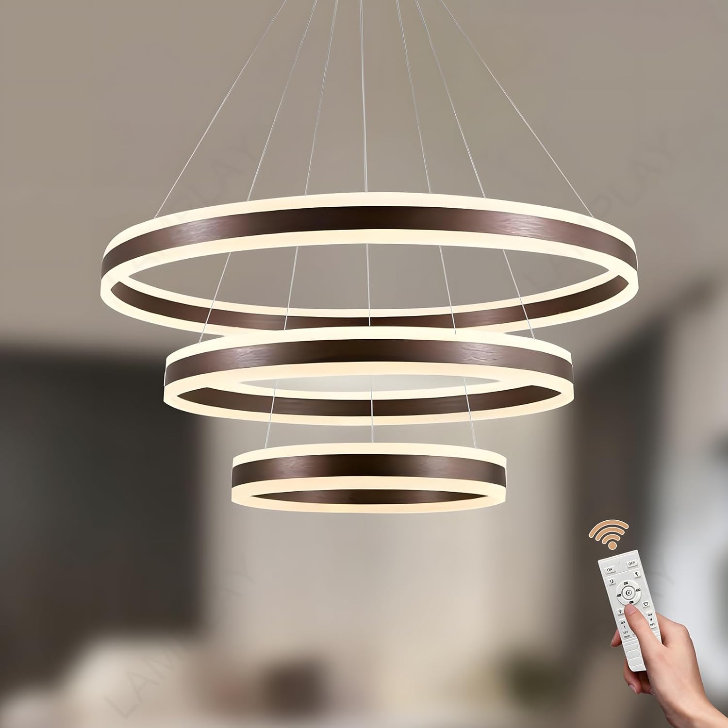 Runde Moderne LED-Pendelleuchte, 3 Braun Ring-Kronleuchter, Dimmbar Mit Fernbedienung 3000K-6000K Deckenleuchte, Höhenverstellbar, Foyer, Wohnzimmer, Schlafzimmer, Esszimmer(Ø20+40+60cm)