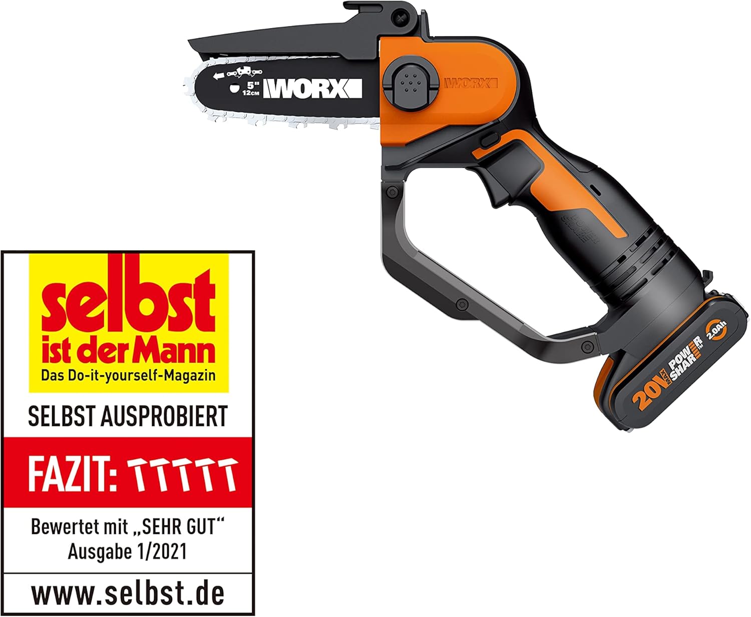WORX Akku Mini Kettensäge 18V(MAX 20V) WG324E.1, PowerShare, 12 cm Führungsschiene, vibrationsarm, leicht und tragbar, Verlängerungsstange, 1 Akku und 1 Ladegerät im Lieferumfang enthalten