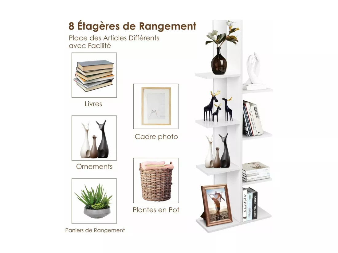 Bibliothèque forme arbre à 8 niveaux, étagère de rangement pour enfants/adultes, blanc