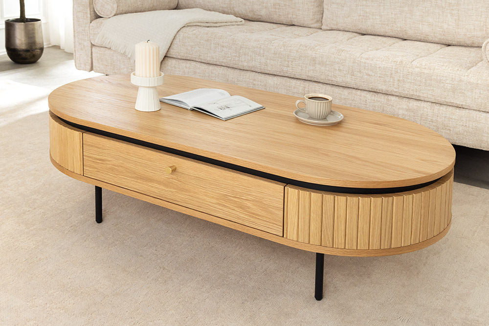 Moderner Couchtisch ATELIER 120cm natur Eiche schwarz mit zwei Schubladen
