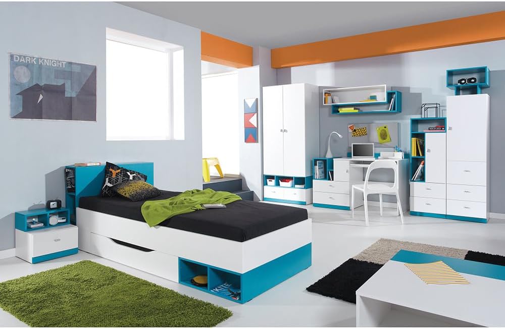 Lomadox Jugendzimmer Kinderzimmer Komplett-Set mit Bett 90x200cm und Schreibtisch modern weiß mit türkis