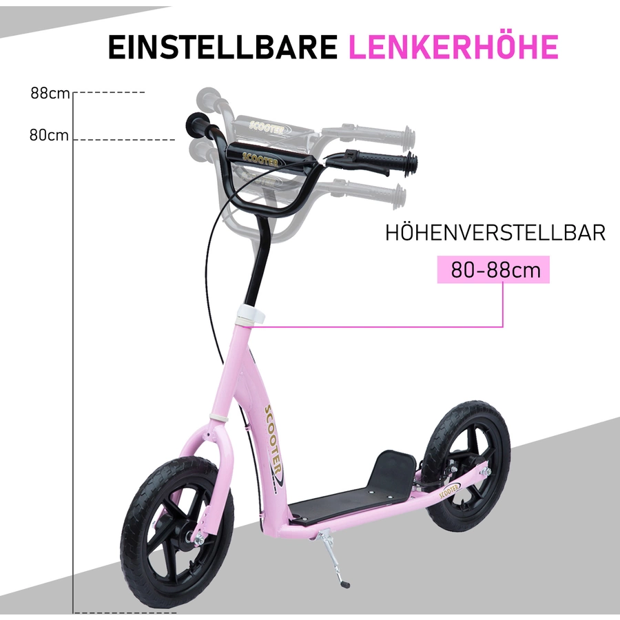 HOMCOM Kinderroller Anti-Rutsch Trittfläche, Metallfahrradständer zum Parken, pink