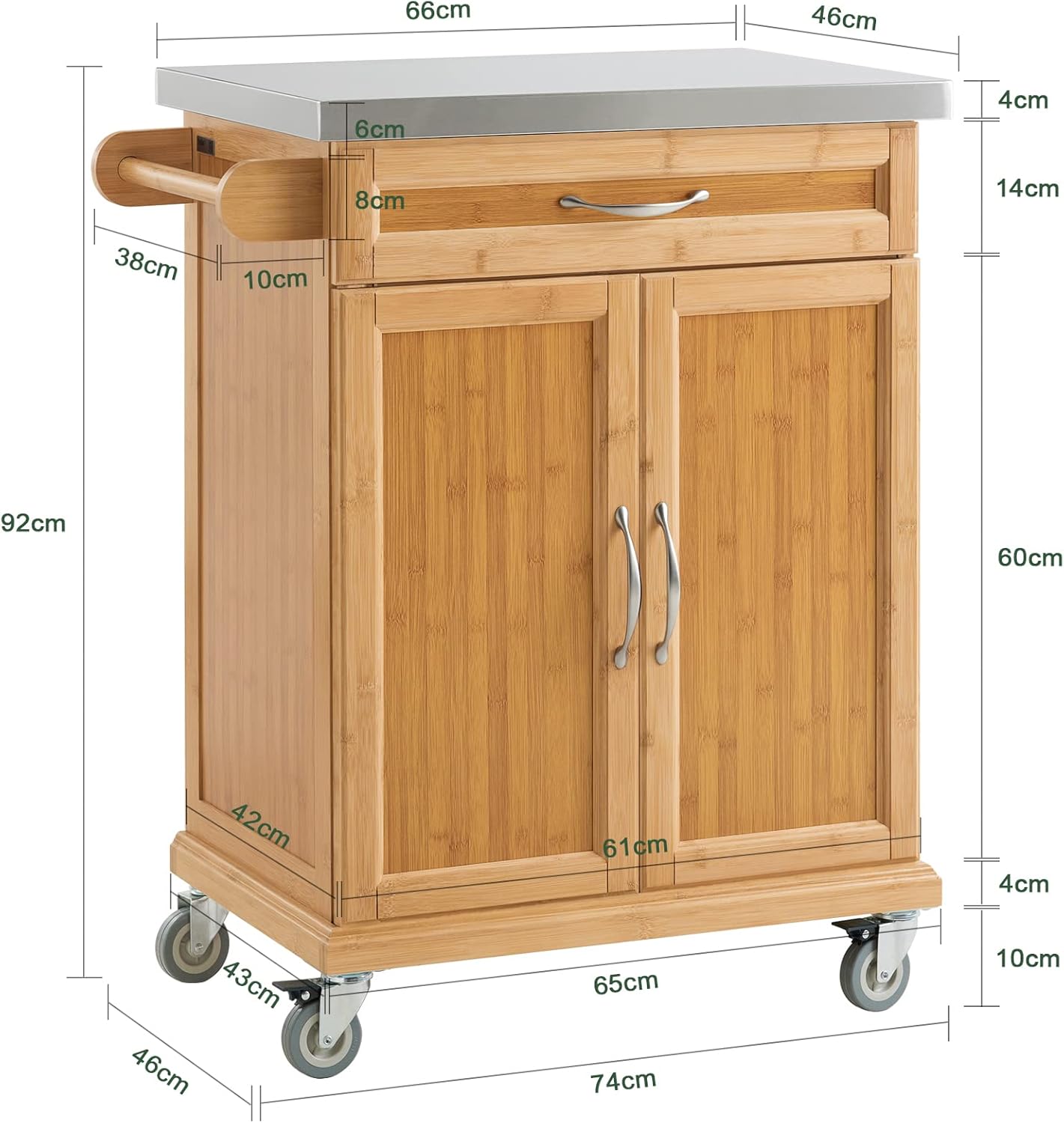 SoBuy Servierwagen mit Arbeitsplatte, Küchenwagen auf Rollen, Kücheninsel aus Bambus, Rollwagen mit Stauraum, Küchenregal stehend, Grilltisch für Küche, Wohnzimmer, Outdoor – 66x92x46 cm, FKW13-N