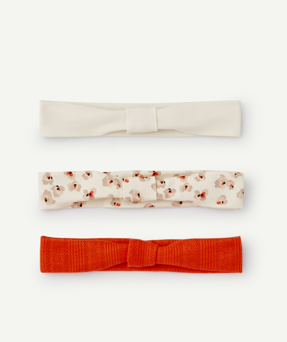 LOT DE 3 BANDEAUX BÉBÉ FILLE EN COTON AVEC NOEUDS IMPRIMÉS UNIS OU AJOURÉS
