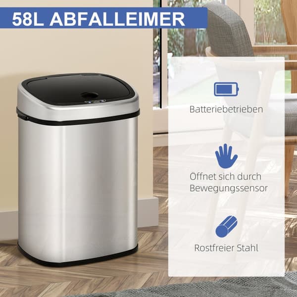 Søppelbøtte 58L Automatisk Søppelbøtte Med Infrarød Sensor, Hygienisk, Stor, Rustfritt Stål, Sølv, L40,9Xb28,9Xh68 Cm
