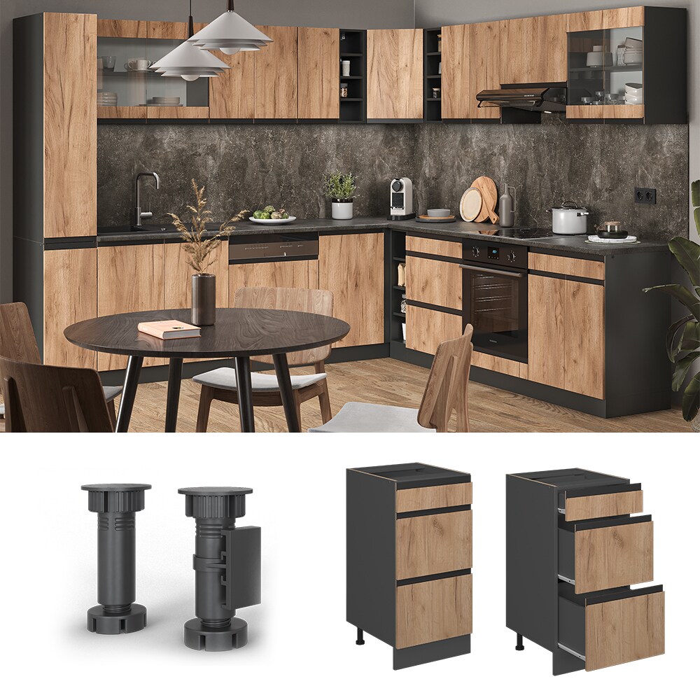 Vicco Schubladenunterschrank Küchenschrank Küchenmöbel R-Line J-Shape Anthrazit Eiche 40 cm modern
