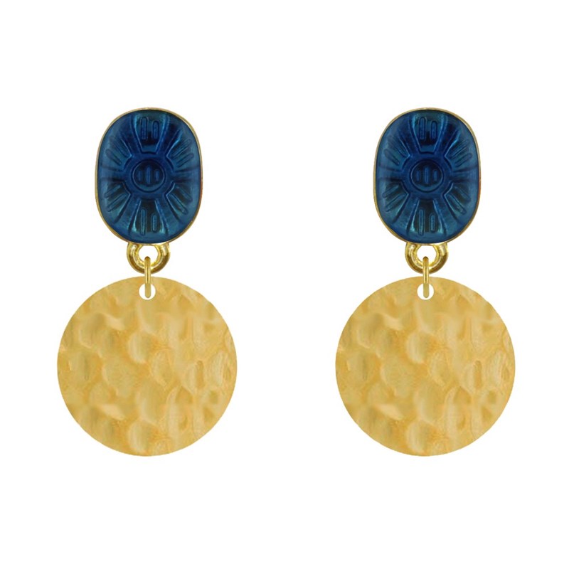 Boucles d'Oreilles Laiton Doré Ovale Soleil en Résine et Pastille Martelée
