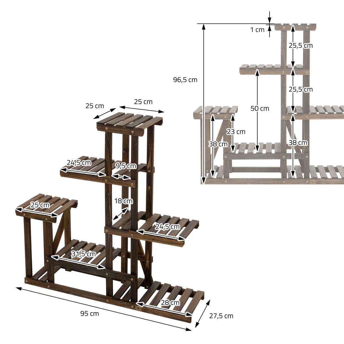 ML-Design Houten Bloemenplank, 95x27,5x96,5 cm, 6-laags plantenstandaard, 6-laags bloementrap, plantenstandaard, buitenplank voor in de tuin, bloemenstandaard voor op het balkon, woonkamer, tuin, buiten