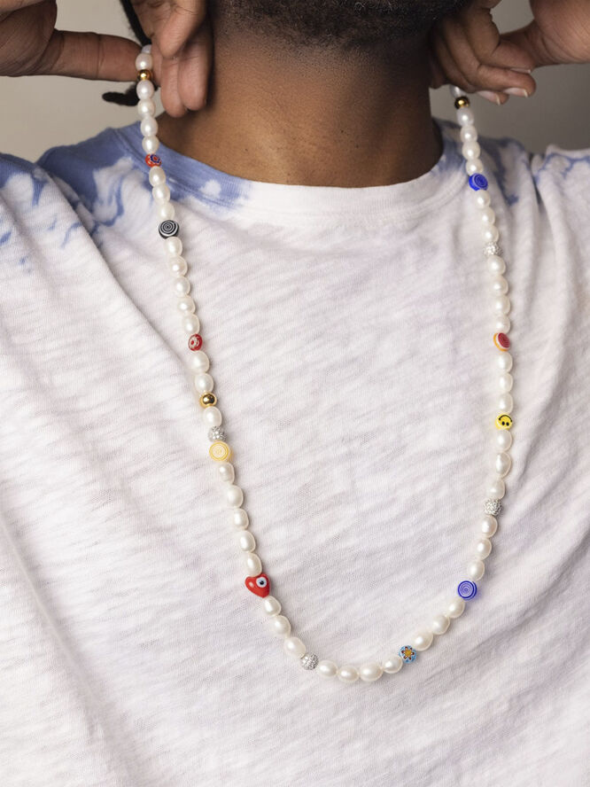 Nialaya Men's Long Smiley Face Pearl Necklace with Assorted Beads Pearl