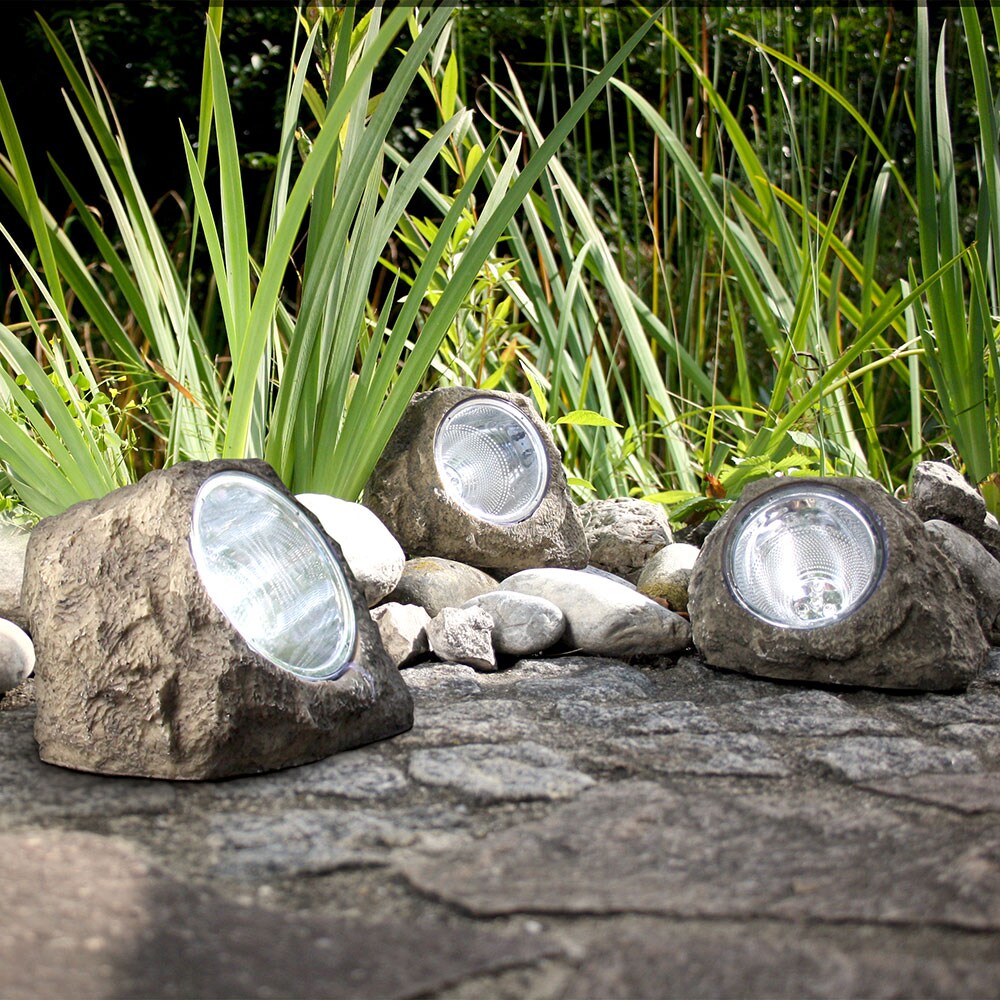 3er Set LED Solarleuchte, Stein, grau, H 10,5 cm
