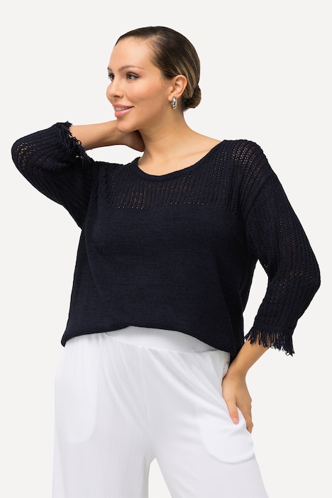 Pullover, Lochmuster, Rundhals, Fransen, 3/4-Arm