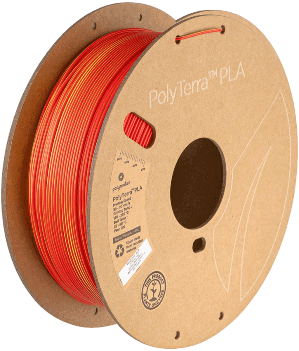 Polymaker  PolyTerra PLA Dual Sunrise Red-Yellow, 1,75 mm / 1000 g    Umweltfreundliches, zweifarbiges PLA-Filament mit mattem Finish