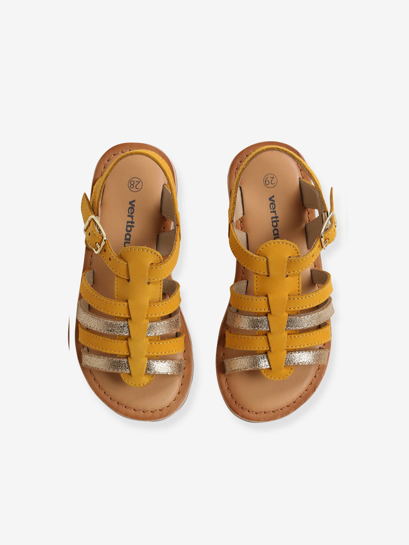 Sandálias de várias tiras para meninas, lisas, amarelo escuro com estampa.