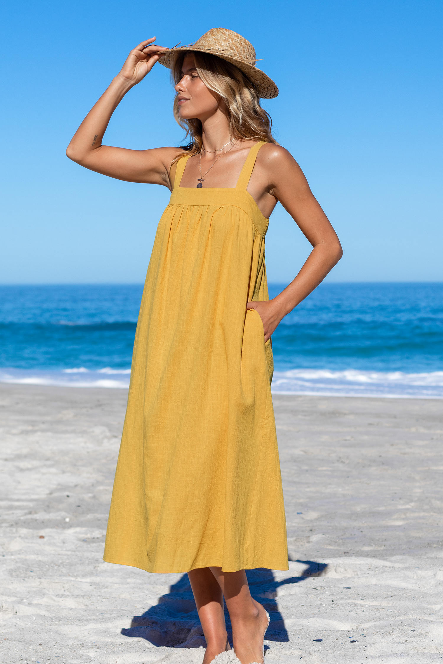 Robe maxi en pur coton sans manches à col carré