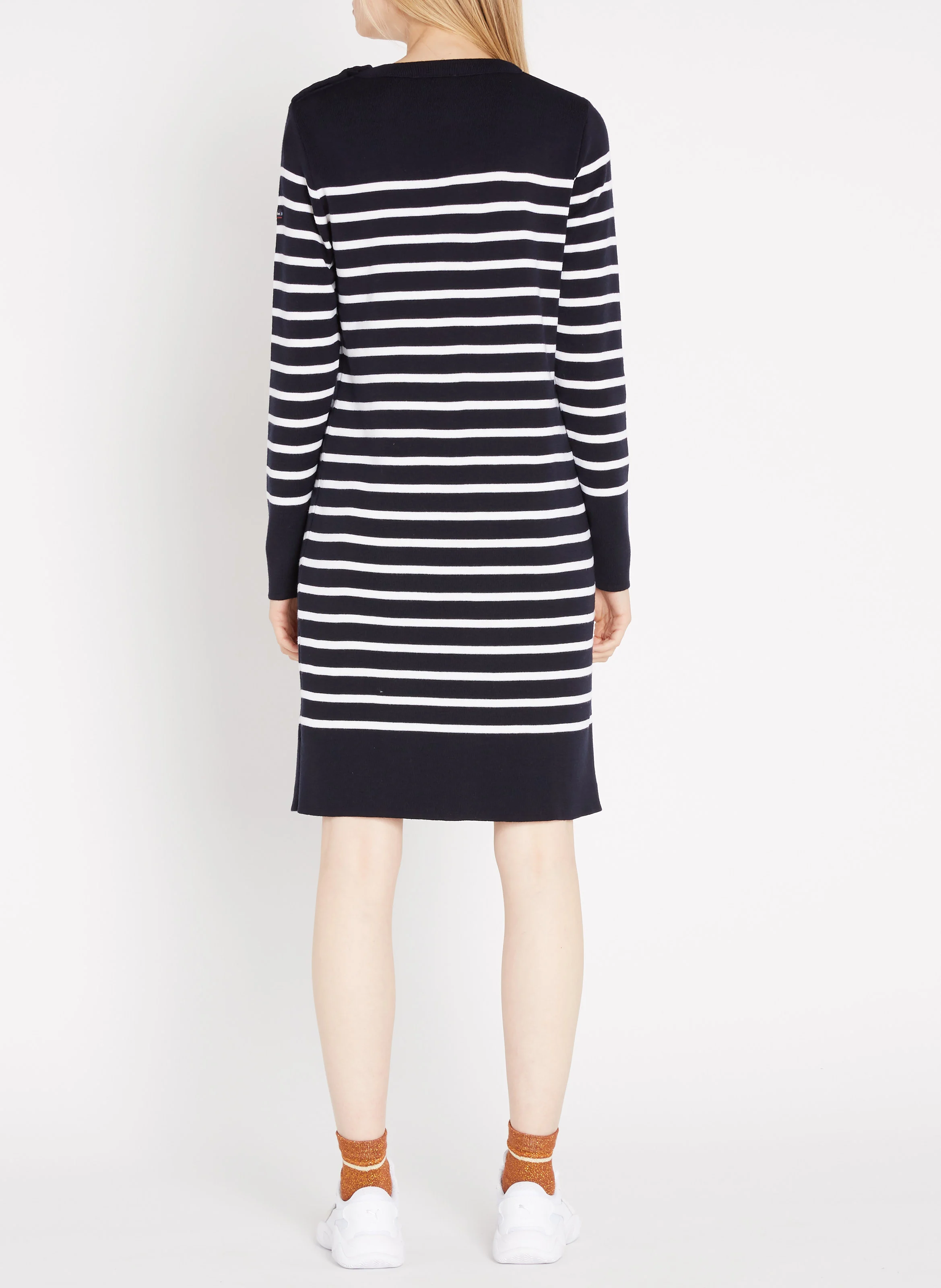 Robe courte manches longues rayée en laine | Bleu