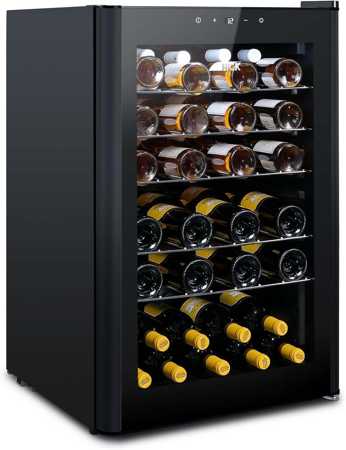 HCK 115 Liter Weinkühlschrank für 48 Flaschen, 4-22°C Weinkühlschränke Flaschenkühlschrank, Getränkekühlschrank mit Glastür, Geräuscharmer Weinschrank, Frostfreie Glastür, Vollglas-Touchpanel, Schwarz