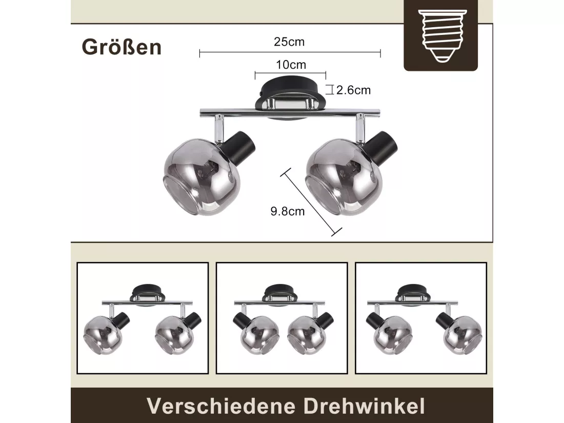 Plafonnier Spot E14 Moderne Verre Fumé 2 Flammes Plafonnier Orientable 350°