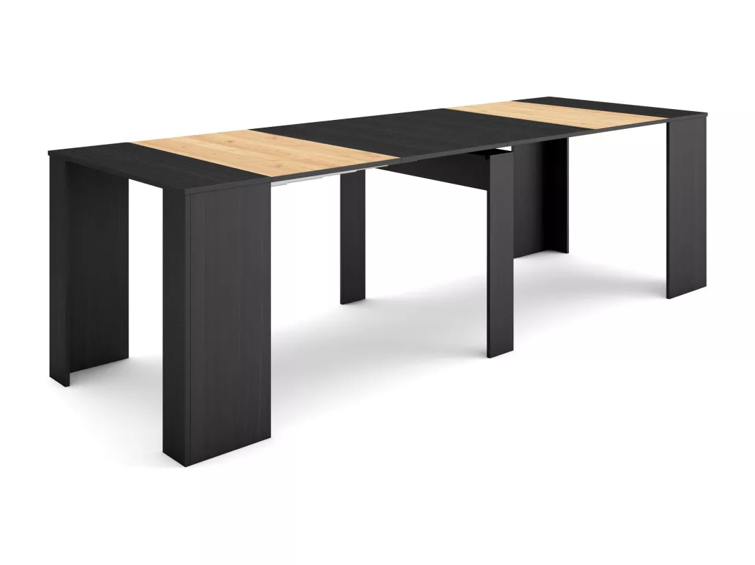 Table console extensible, 260, Pour 12 personnes, Table à Manger, Noir et chêne