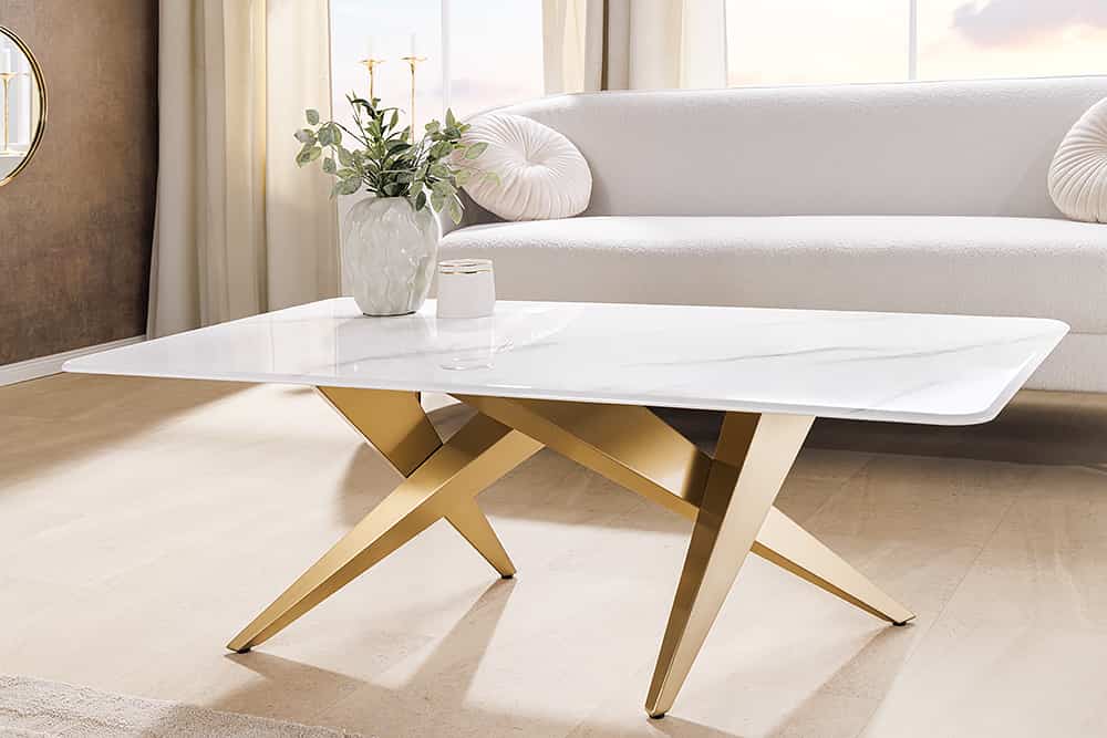 Moderner Couchtisch ART LIVING 130cm weiß Marmor Keramik champagner gold brushed