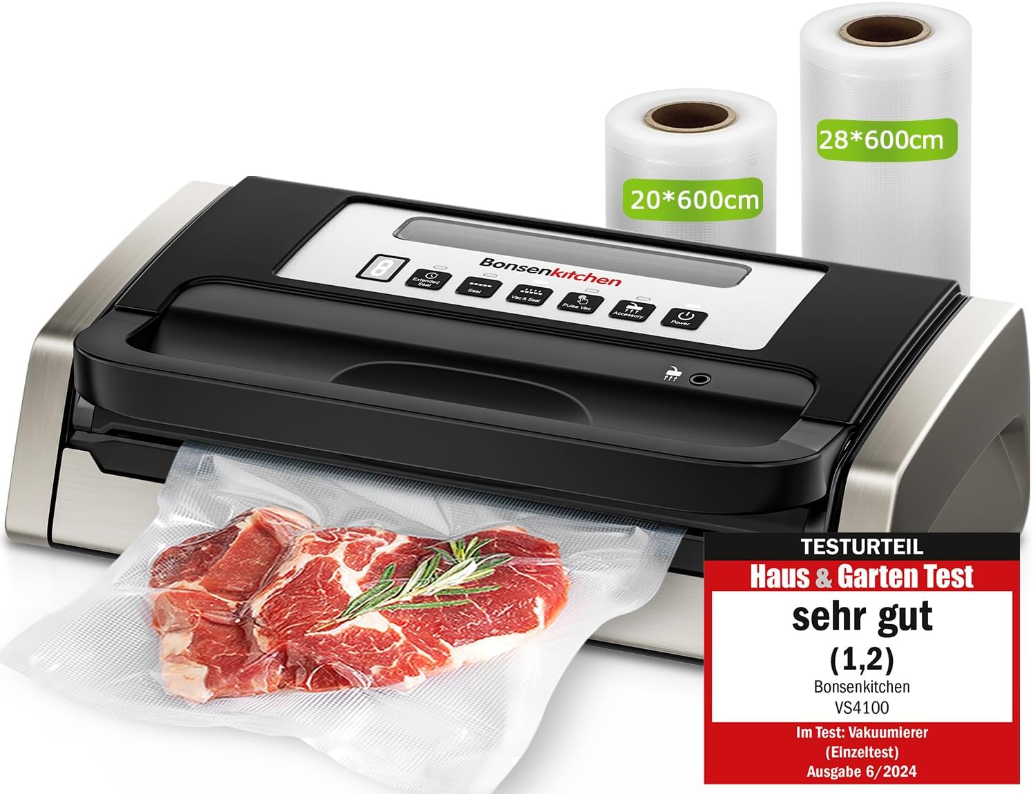 Bonsenkitchen Vakuumiergerät, Vakuumierer-15L/Min Hochleistung, Testsieger Sehr Gut, Nachhaltigkeitszertifizierung, Design mit Griffverriegelung und Integrierter Schneider, inkl.2 Rollen Vakuumrollen