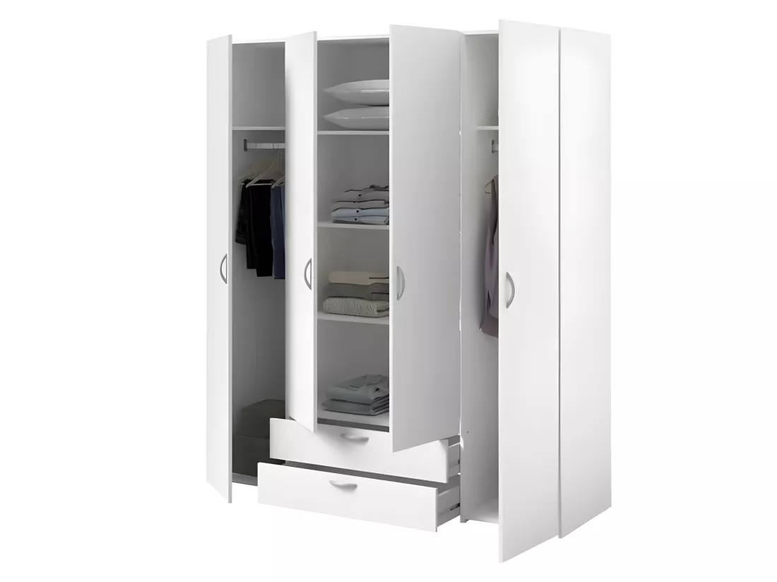 Armoire VARIA - Décor blanc - 4 portes battantes + 2 tiroirs - L 160 x H 185 x P 51 cm -