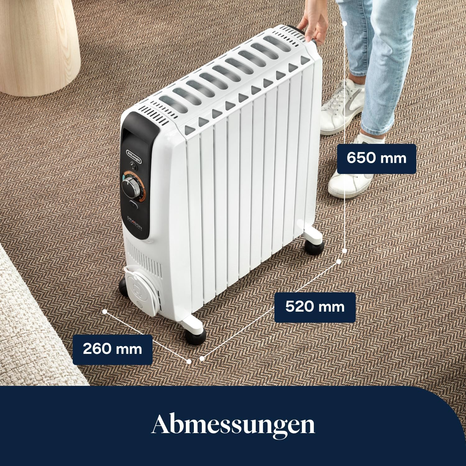 De'Longhi Dragon EasyTronic – Ölheizer für Räume bis 75m³, Elektroheizung mit Sicherheitsthermostat, 10 Rippen, Individuelle Heizung – 12 Temperaturstufen, Tragbar, 2500W, Weiß (TRD51025)