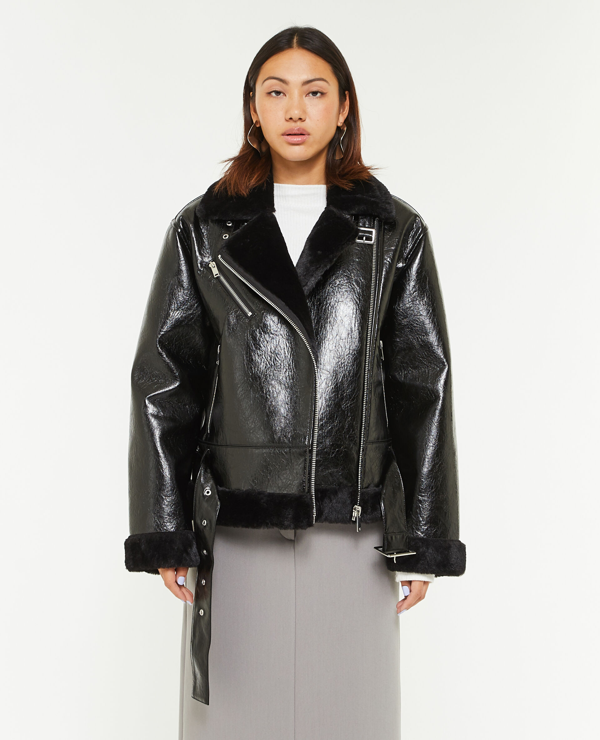 Blouson faux cuir avec doublure fourrure - Noir