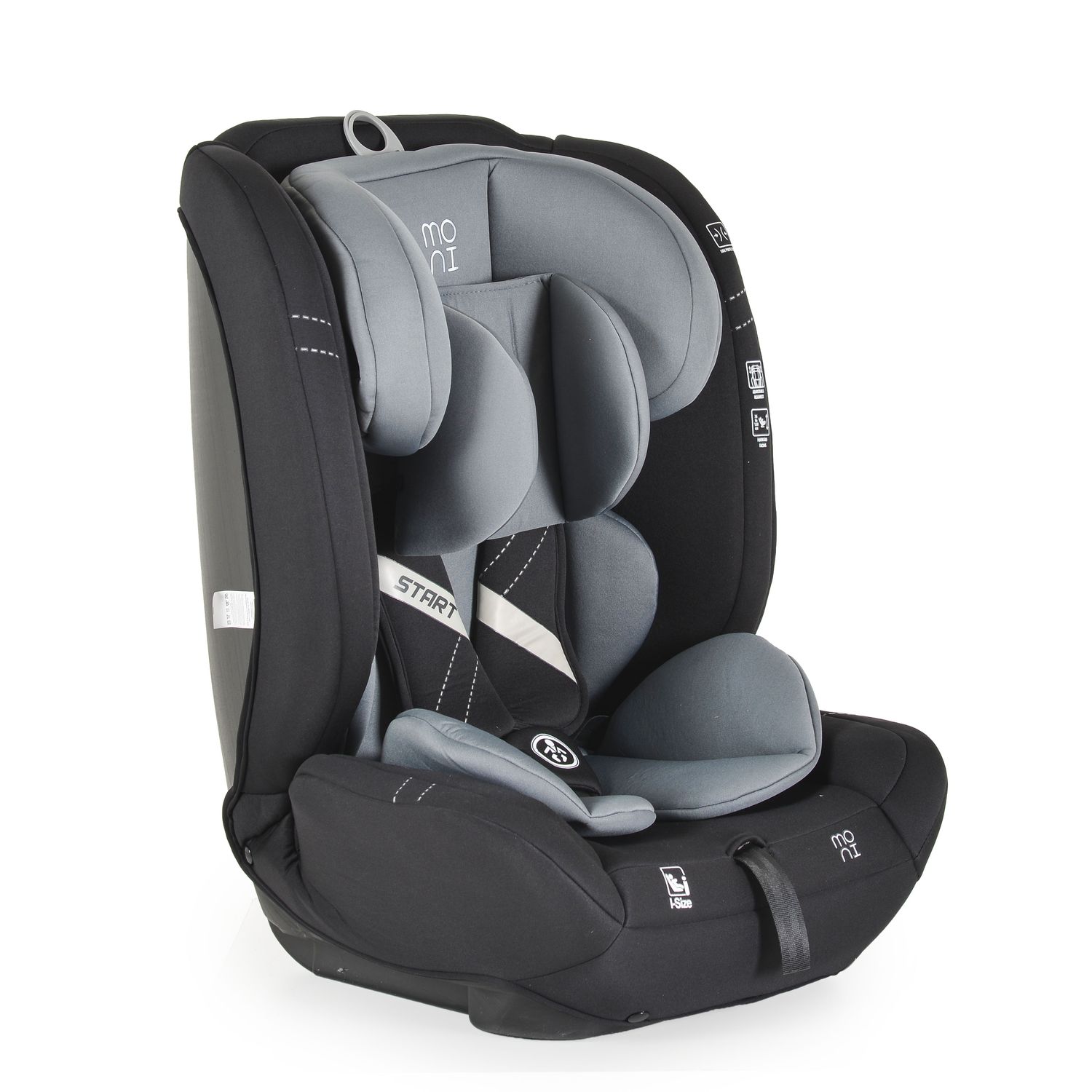Moni Kindersitz i-Size Start (76-150cm) Kopfstütze verstellbar, Kuscheltier grau