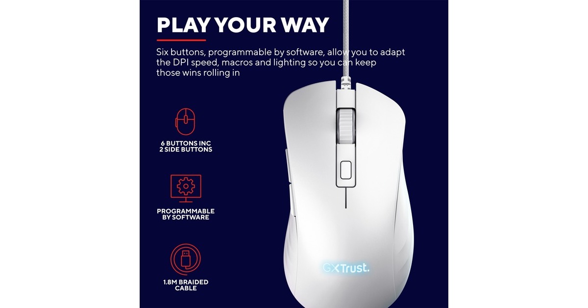 TrustGXT 924W Ybar+ gaming muis met hoogwaardige prestaties  (Wit, RGB, 25.600 dpi, Tweedekans)