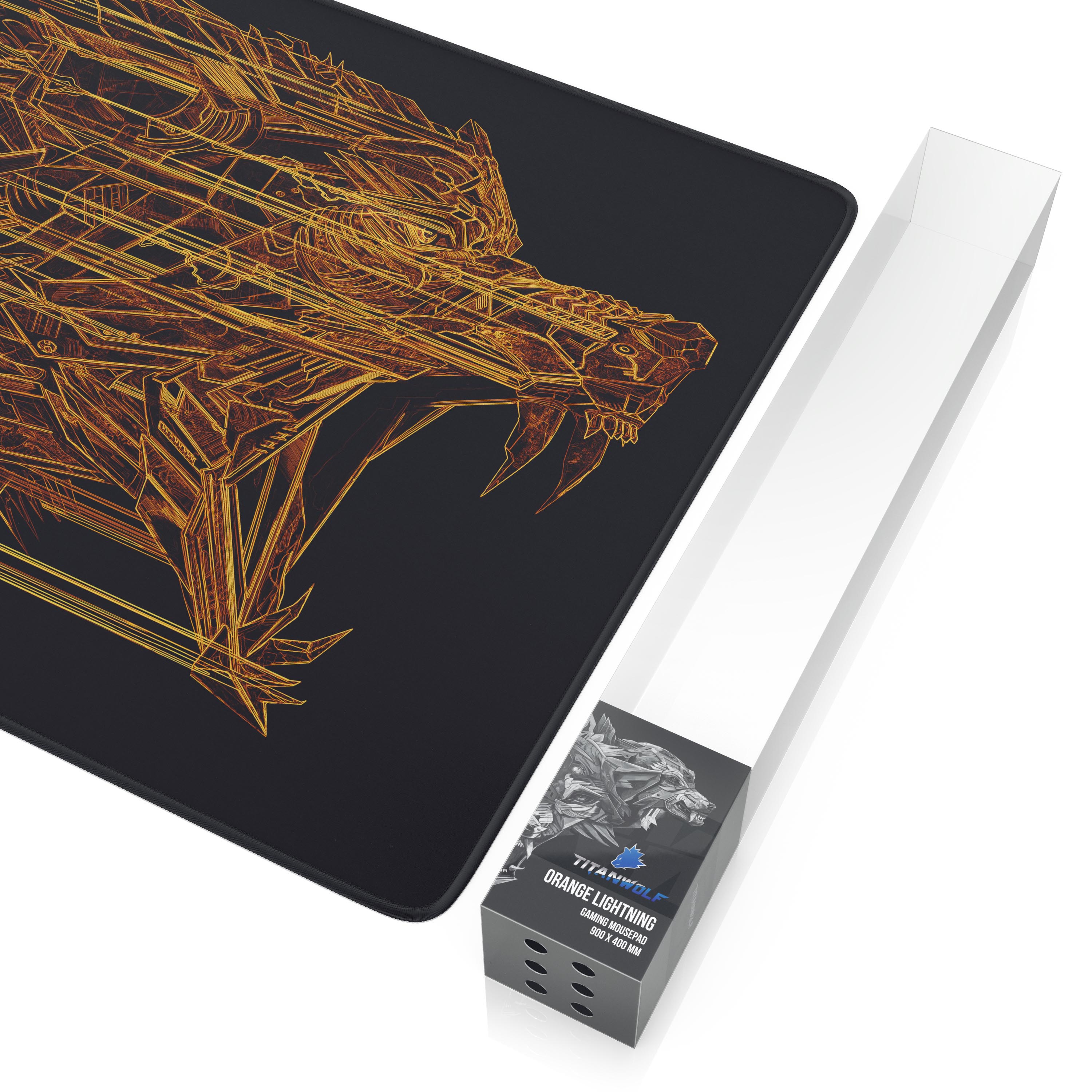 Titanwolf Gaming Mauspad XXL, glattes Stoffgewebe, Speed Mousepad 900 x 400mm große Fläche, Wolfsmotiv orange