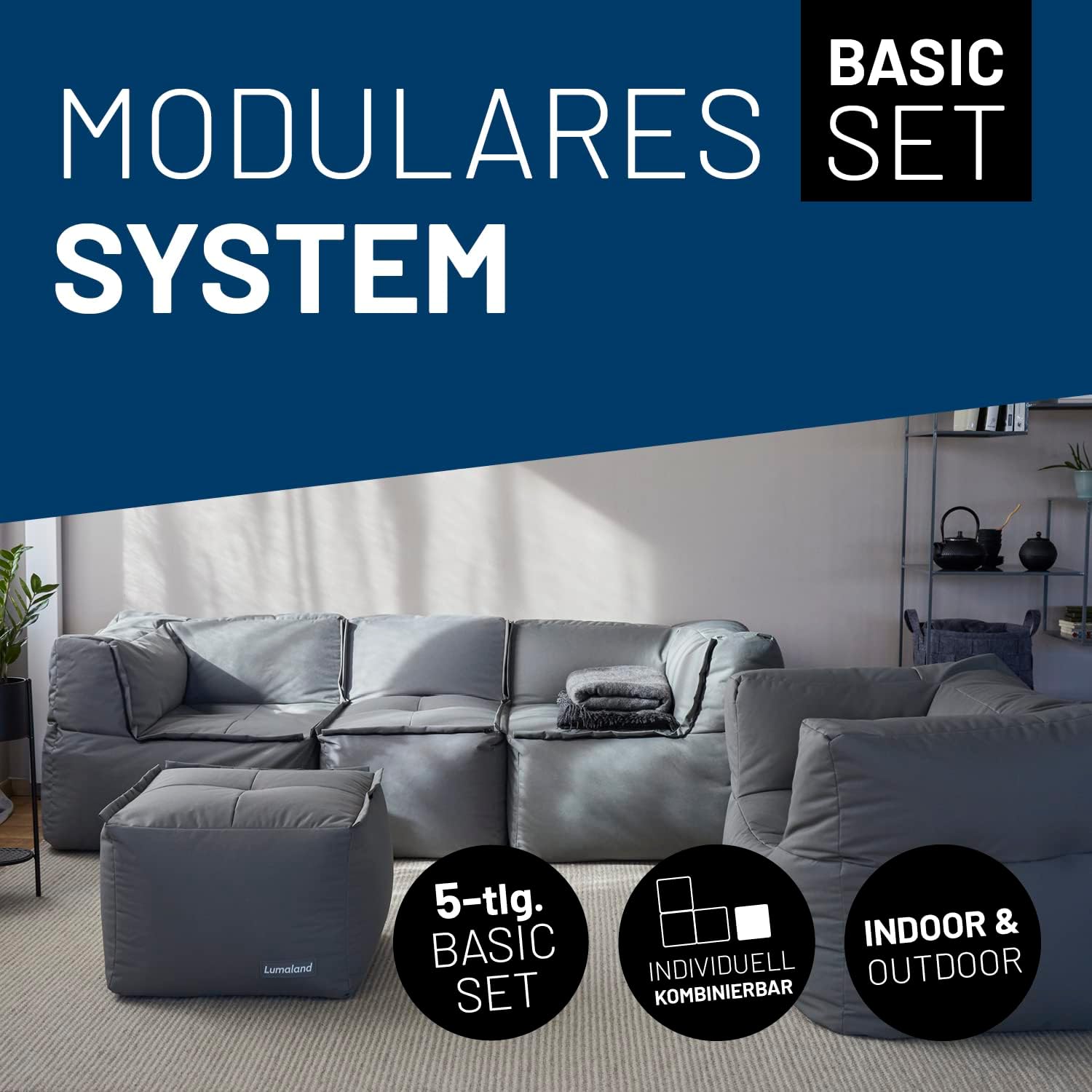 Lumaland Sitzsack-Lounge Modular Garnitur | 5-Teiliges Set | Indoor & Outdoor Sitz-Garnitur | Erweiterbar & Waschbare Sitzmöbel für Innenräume & Garten | Wasserfeste Chill-Out Lounge [Grau]