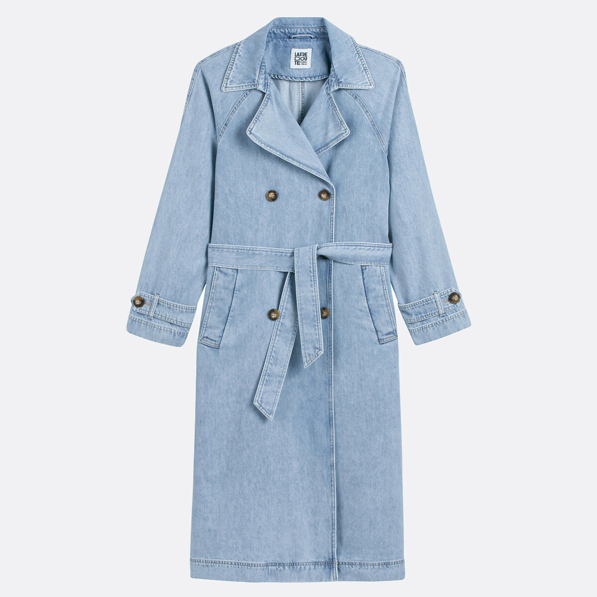 COLEÇÕES LA REDOUTE<br>Trench coat longo com fechamento por botões em jeans macio
