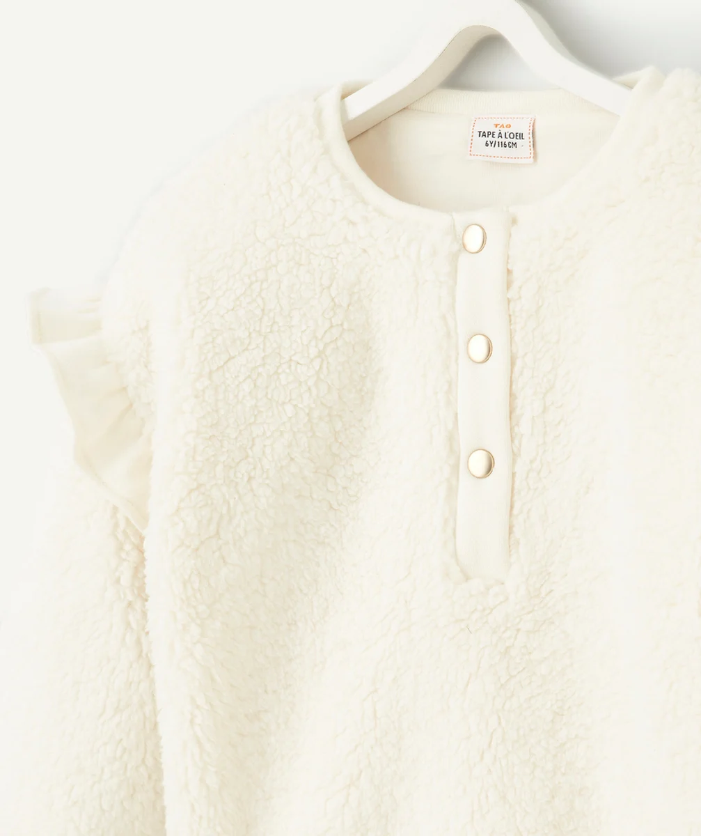 SWEAT FILLE EN SHERPA ÉCRU AVEC DÉTAILS VOLANTÉS