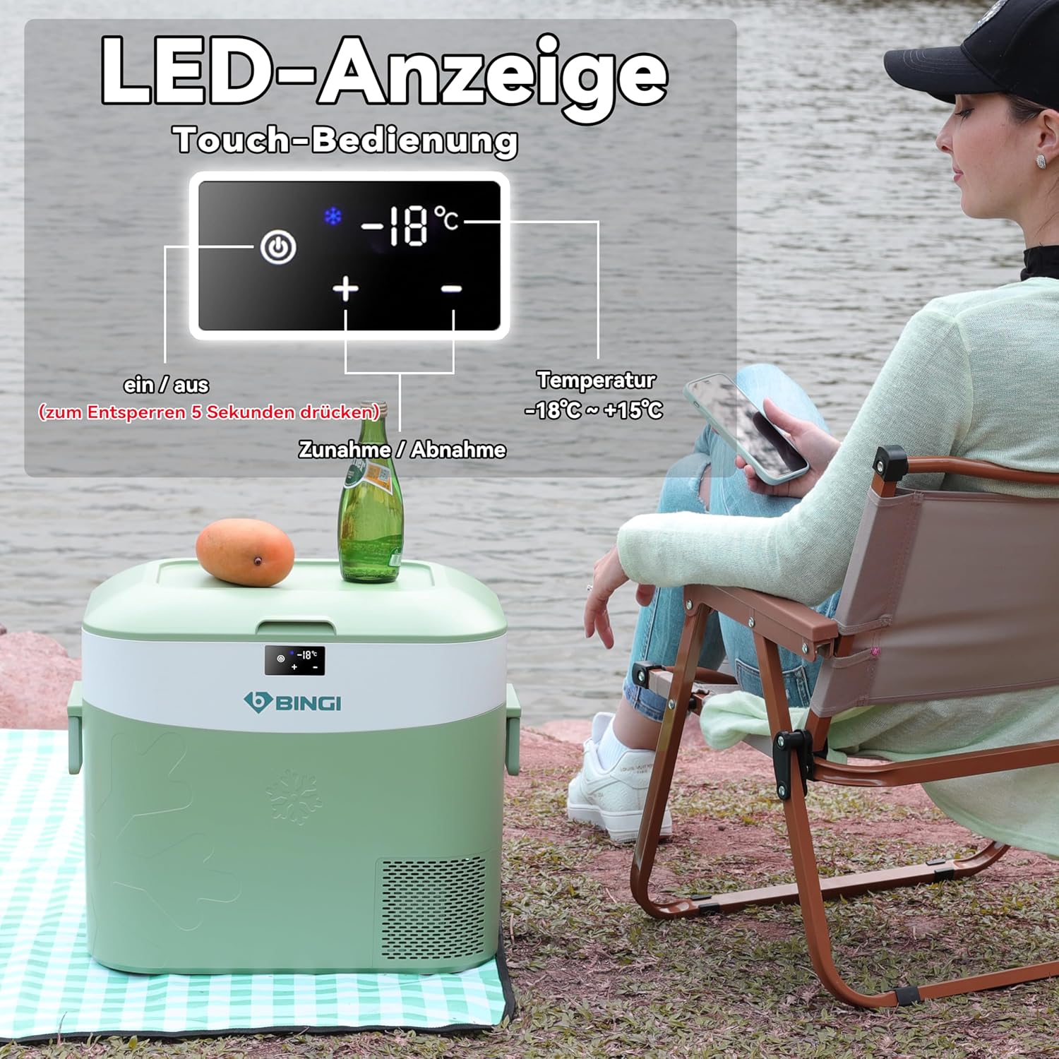BINGI Kompressor Kühlbox 22 Liter Tragbarer Auto Kühlschrank 12/24V DC und 230V AC Mini Gefrierschrank für Auto, LKW, Camping, Wohnmobil und Zuhause (15℃ bis -18℃)
