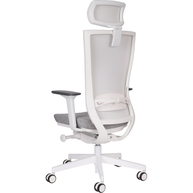 Chaise de bureau ergonomique Marti, tissu et maille, mécanisme synchrone + réglage profondeur d'assise, appui-tête, accoudoirs 3D , piètement roulettes blanc