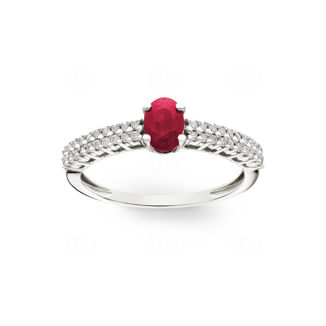 Damenring 750/18 K Weissgold mit Rubin oval und Diamanten 0.16 ct H/si