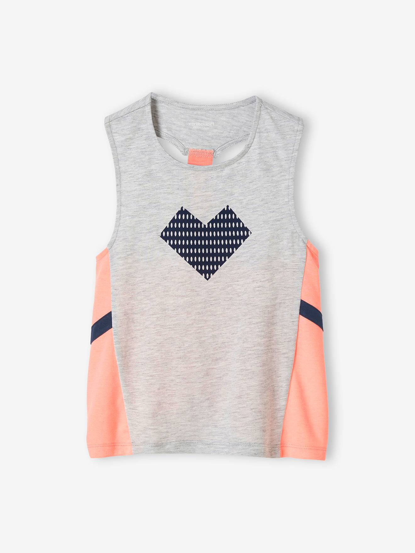 Camiseta esportiva feminina lisa, sem mangas, cinza claro, com estampas.
